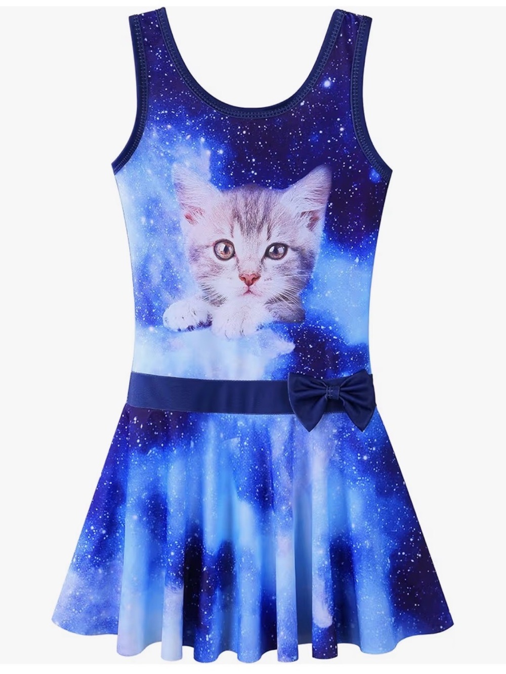Blue Galaxy Kitten Print Girls Swimsuit Dress 152cm fits 10-11y Built In Shorts